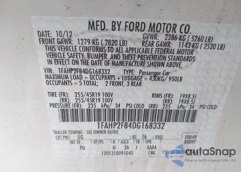 2013 Ford Taurus Limited from USA, damaged, VIN 1FAHP2F84DG168332